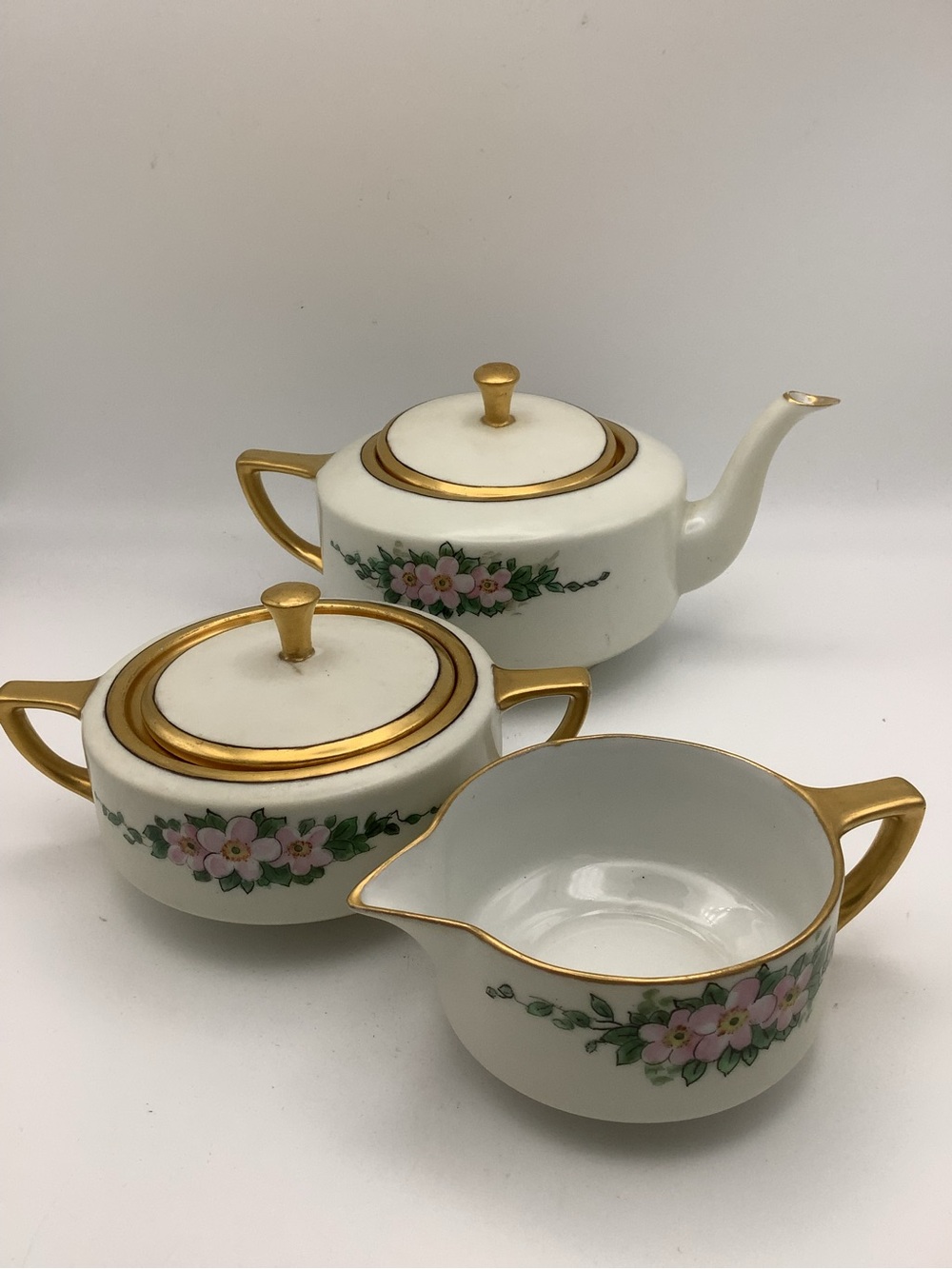 Antique B&C Limoges France Floral Porcelain Tea Set - Sugar, Creamer & Teapot